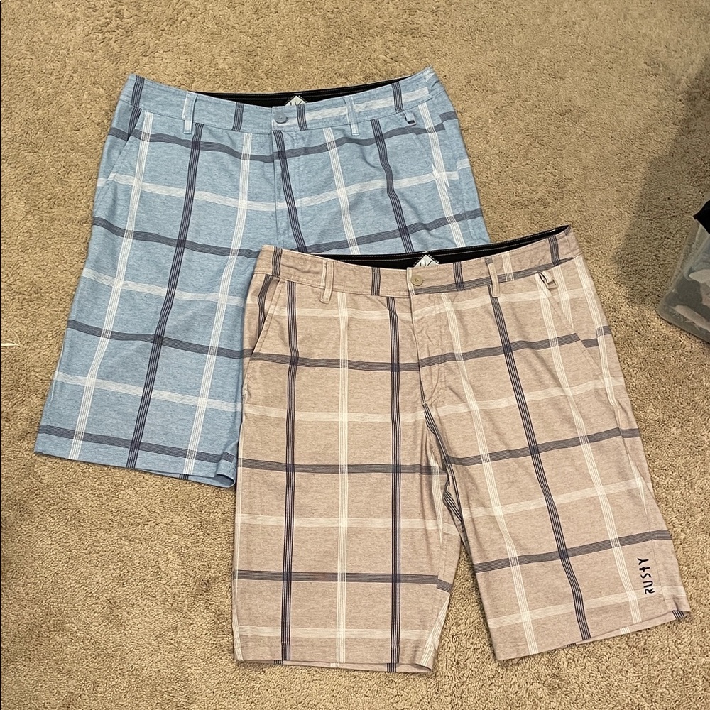 Rusty Men's Plaid Hybrid Shorts - Blue and Tan